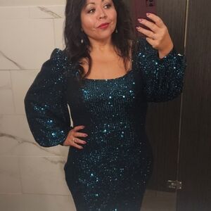 Emerald Green Sequin Bodycon Dress with Bishop Sleeves
